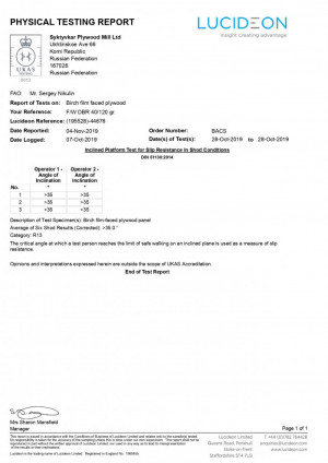 Test results according to DIN 51130 on the anti-slip properties of the surface of plywood DBR 120 gr - class R13 to the requirements of TS and GOST
