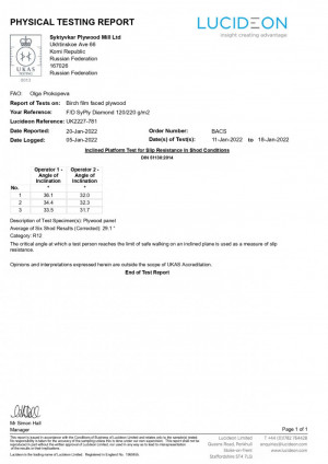 Test results according to DIN 51130 on the anti-slip properties of the surface of plywood Diamond 120/220 gr - class R12 to the requirements of TS and GOST