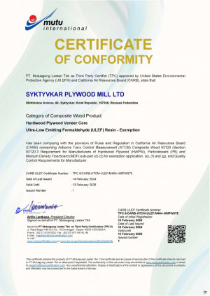 Certificate of conformity of birch plywood to ULEF CARB (California Air Resources Board) requirements
