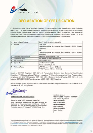 Certificate of conformity of birch plywood to CANFER (Canada Formaldehyde Emissions from Composite Wood Products Regulation) requirements