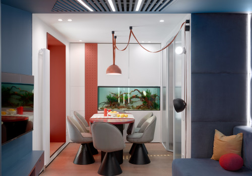 Lamarty laminated chipboard in the project “Dachny Otvet” on NTV. Under the wing of a blue bird. Living-dining room