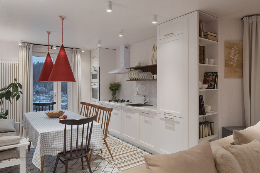 Lamarty chipboard and Syply plywood in the “Dachny Otvet” project on NTV. Kitchen-living room with the cherry on the cake