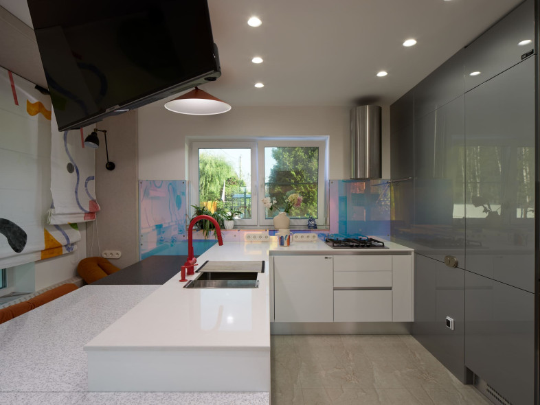 SyPly plywood in the “Dachny Otvet” project on NTV. Kitchen-living room with a picturesque canvas