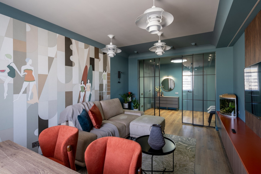 Chipboard Lamarty in the project "Kvartirny vopros". Living room with bathers